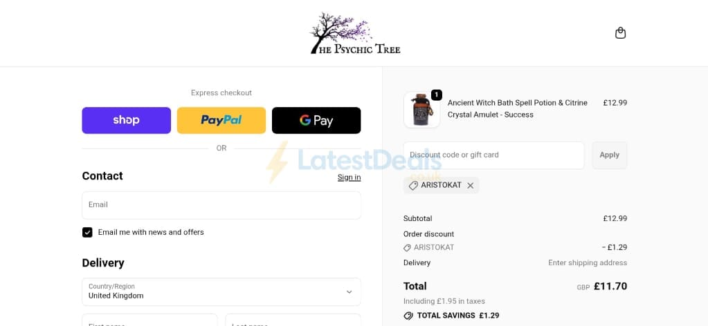 Screenshot of the The Psychic Tree discount code working