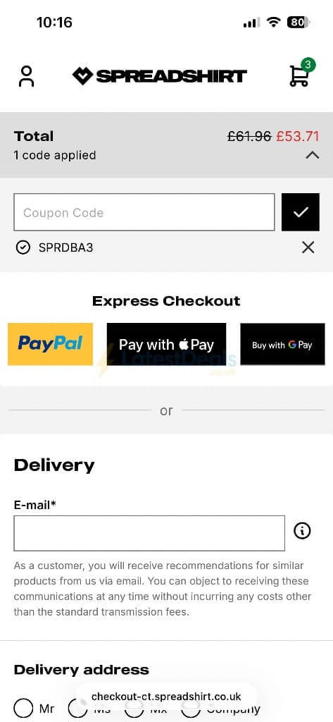 Screenshot of the Spreadshirt discount code working