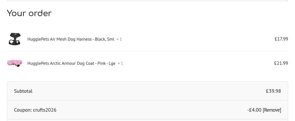 Screenshot of the HugglePets discount code working