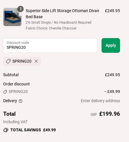 Screenshot of the The Bed Supermarket discount code working