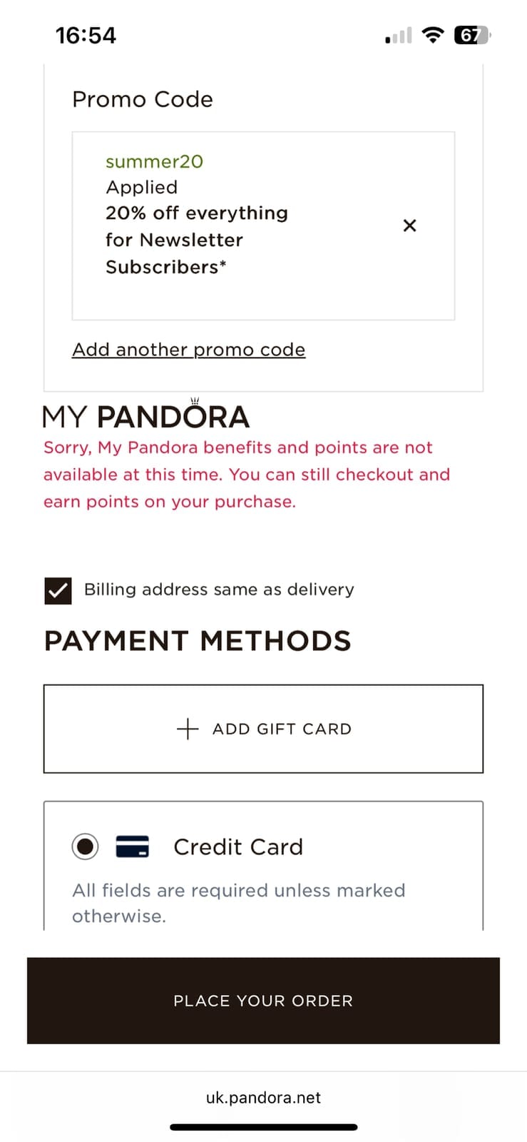 Screenshot of the Pandora discount code working