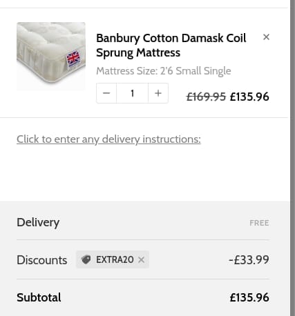 Screenshot of the The Bed Supermarket discount code working