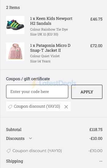 Screenshot of the Little Trekkers discount code working
