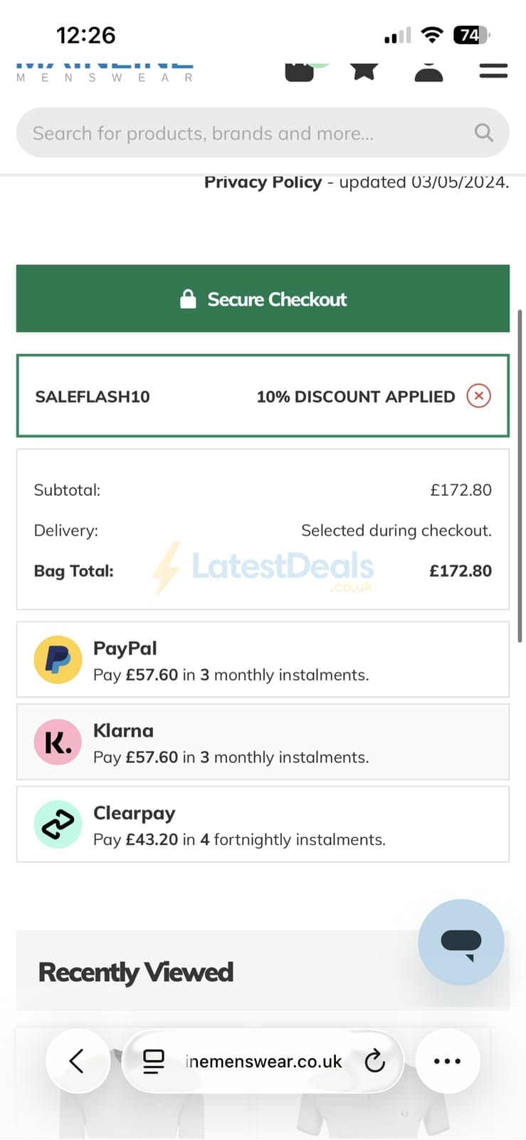 Screenshot of the Mainline Menswear discount code working