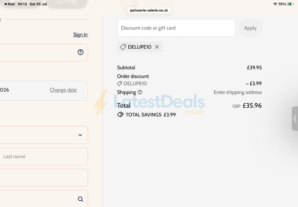 Screenshot of the Patisserie Valerie discount code working