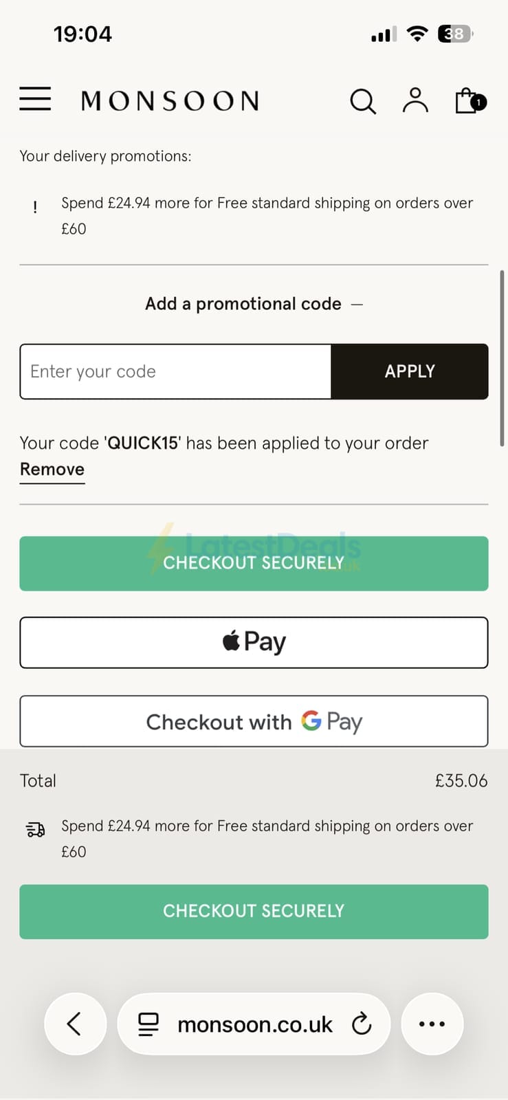 Screenshot of the Monsoon discount code working