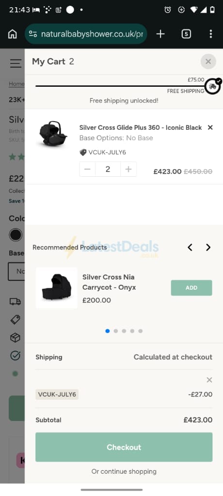 Screenshot of the Natural Baby Shower discount code working