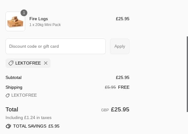 Screenshot of the Lekto Wood Fuels discount code working