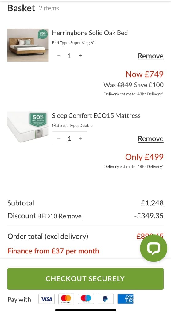 Screenshot of the Oak Furniture Superstore discount code working