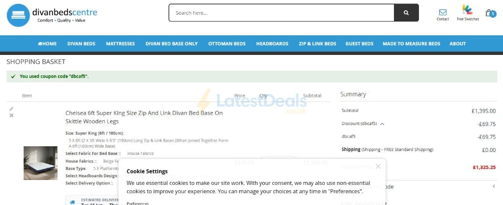 Screenshot of the Divan Beds Centre discount code working