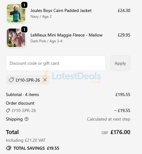 Screenshot of the Millbry Hill discount code working