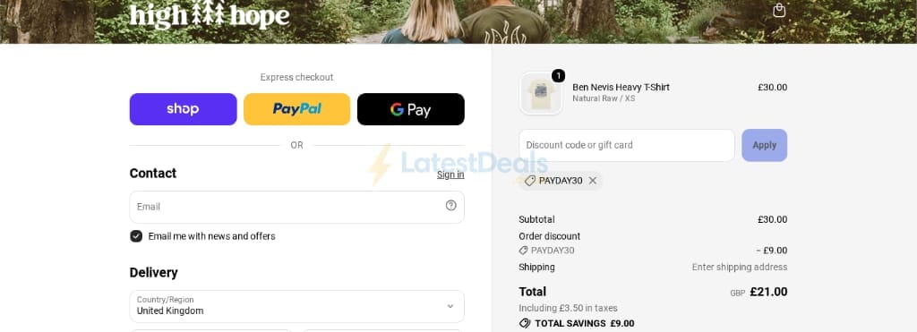 Screenshot of the High Hope discount code working