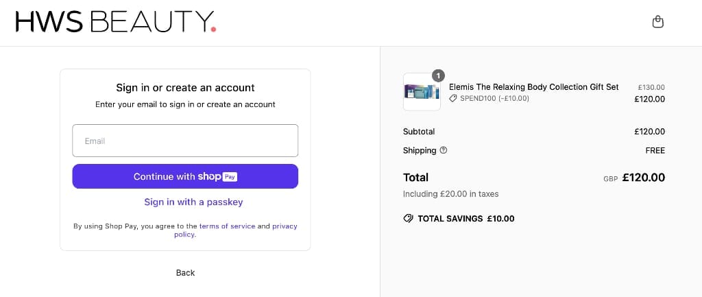 Screenshot of the HWS Beauty discount code working