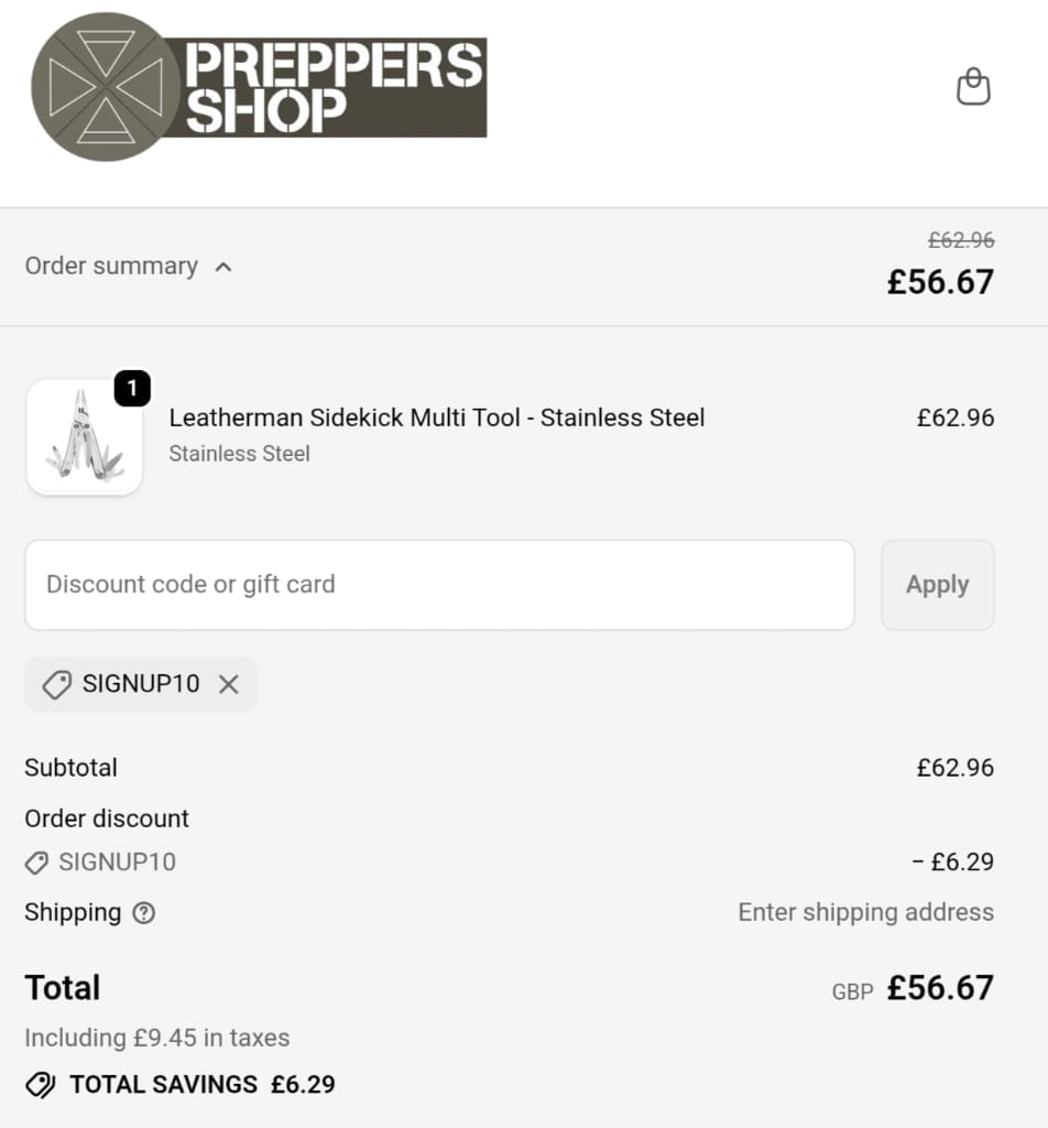 Screenshot of the Preppers Shop discount code working