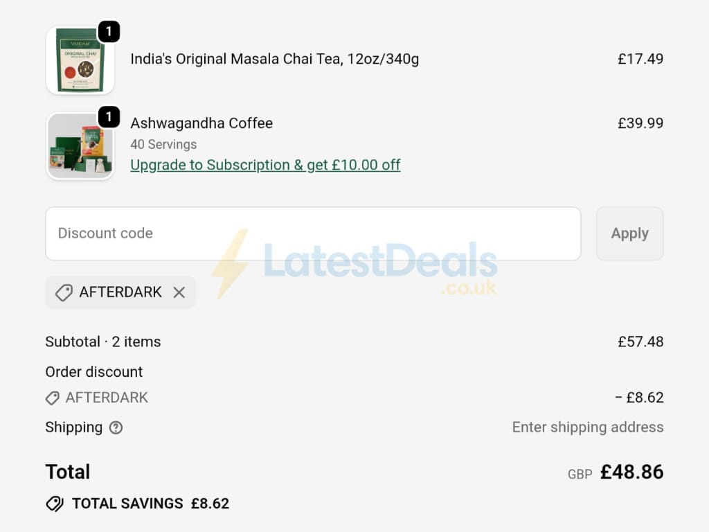 Screenshot of the Vahdam Teas discount code working