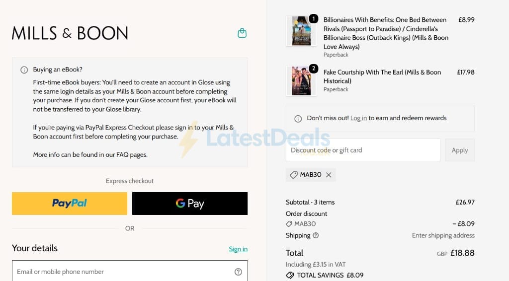 Screenshot of the Mills & Boon discount code working