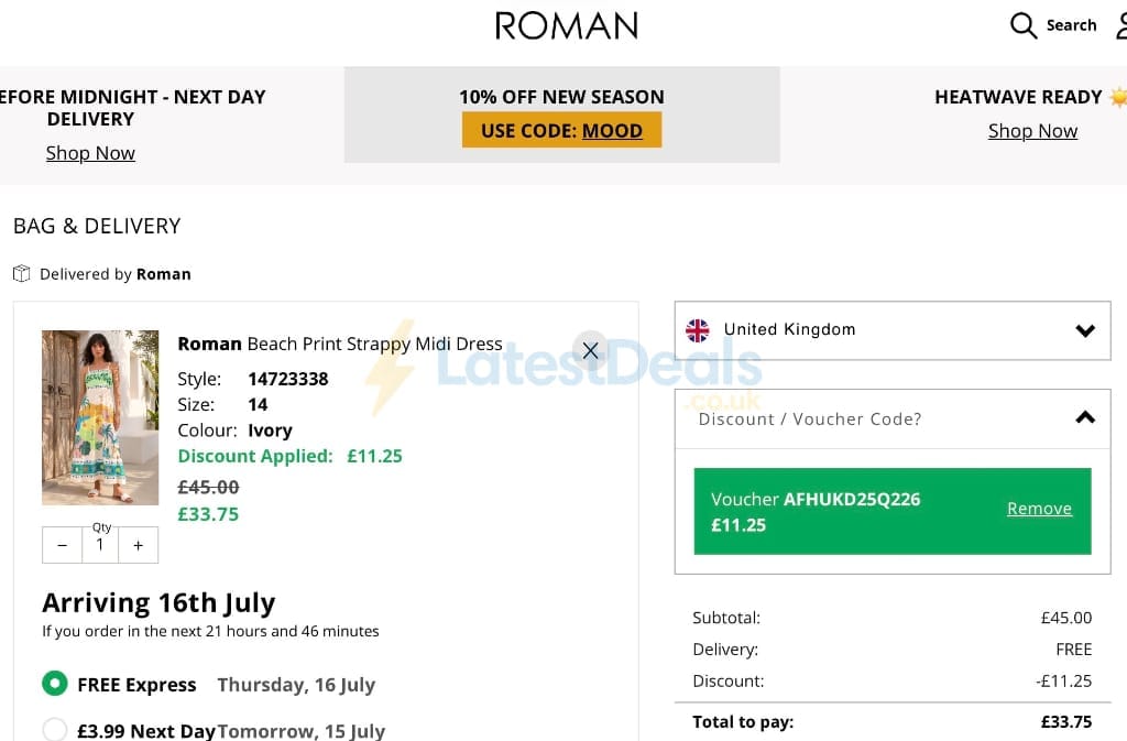 Screenshot of the Roman discount code working