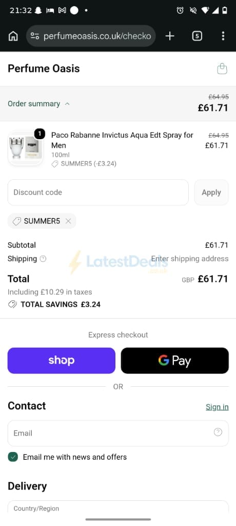 Screenshot of the Perfume Oasis discount code working