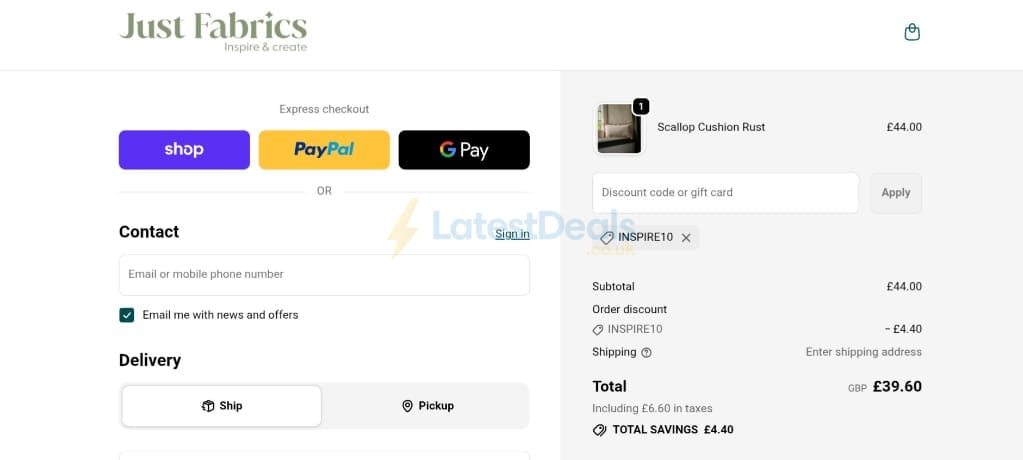 Screenshot of the Just Fabrics discount code working