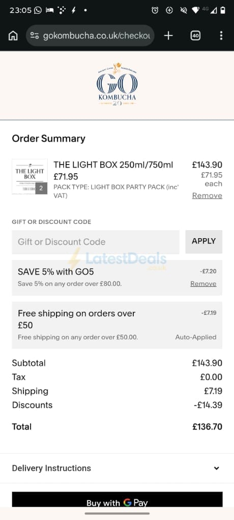Screenshot of the Gokombucha discount code working
