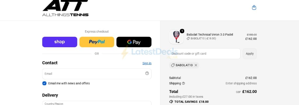 Screenshot of the All Things Tennis discount code working