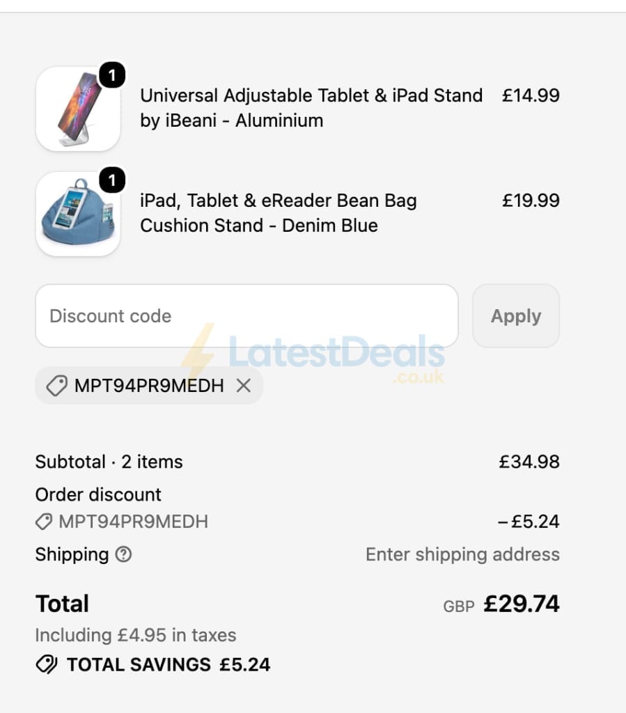 Screenshot of the Ibeani discount code working