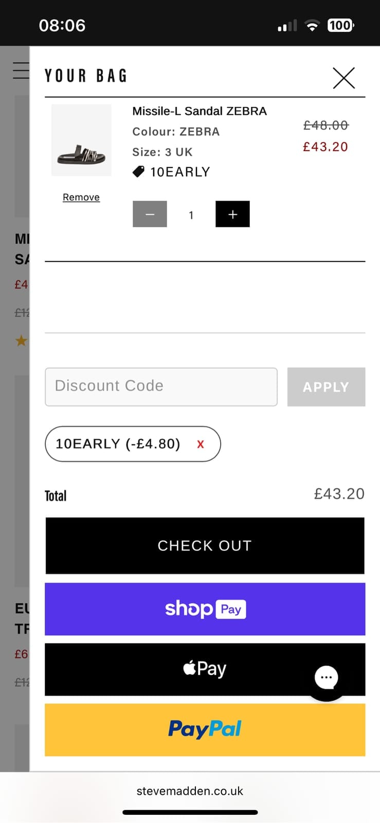 Screenshot of the Steve Madden discount code working