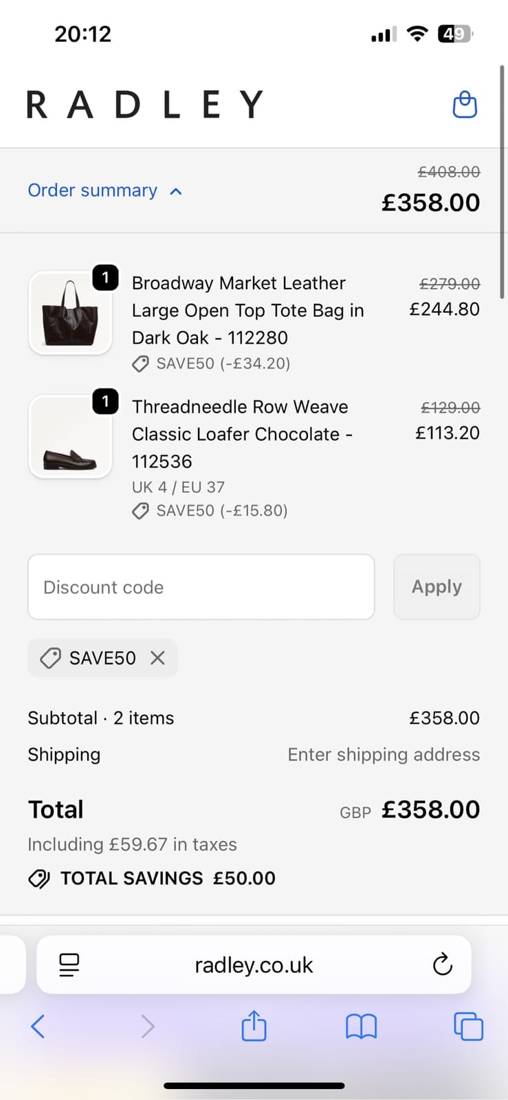 Screenshot of the Radley London discount code working