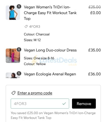 Screenshot of the VEGAN Happy Clothing discount code working