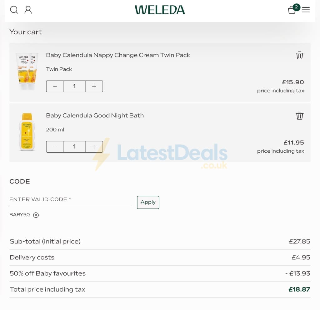 Screenshot of the Weleda discount code working