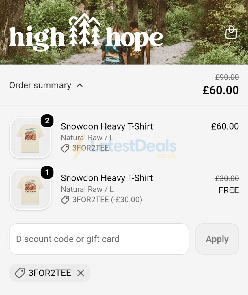Screenshot of the High Hope discount code working