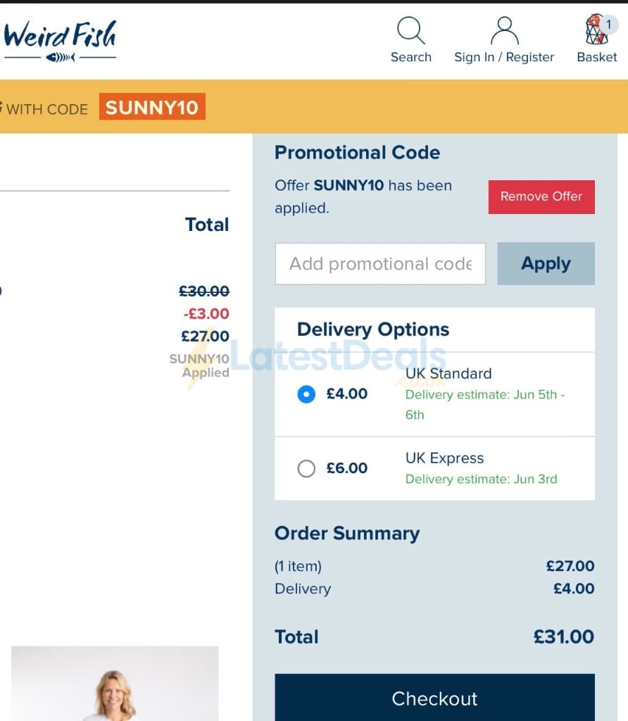 Screenshot of the Weird Fish discount code working