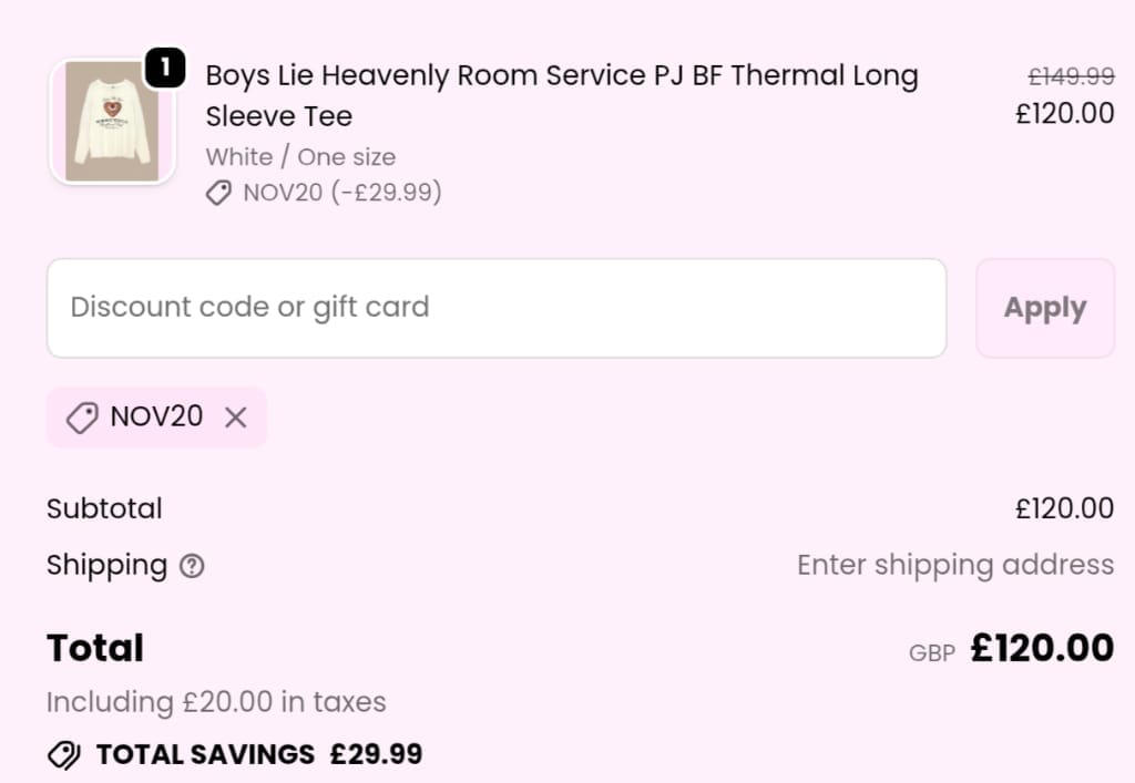 Screenshot of the Spoiled Brat discount code working