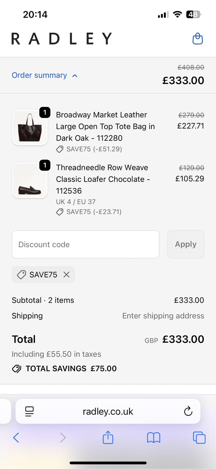 Screenshot of the Radley London discount code working