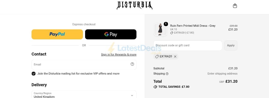 Screenshot of the Disturbia discount code working