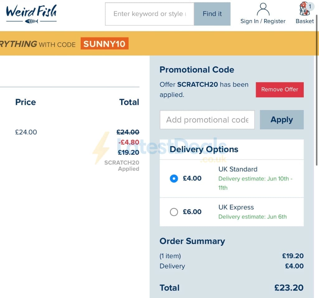 Screenshot of the Weird Fish discount code working