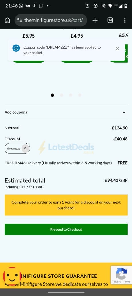 Screenshot of the The Minifigure Store discount code working