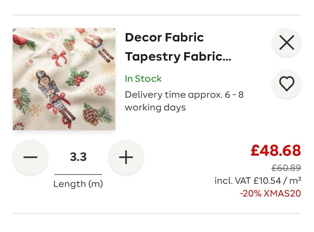 Screenshot of the My Fabrics discount code working