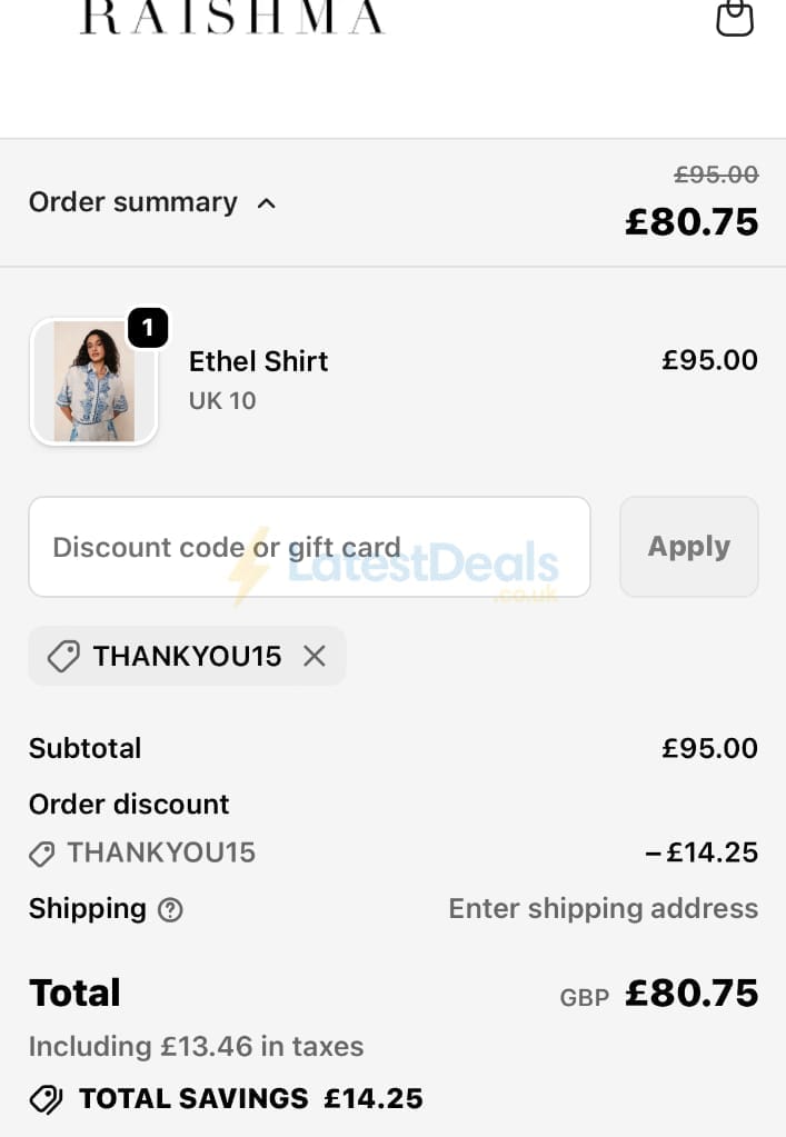 Screenshot of the Raishma discount code working