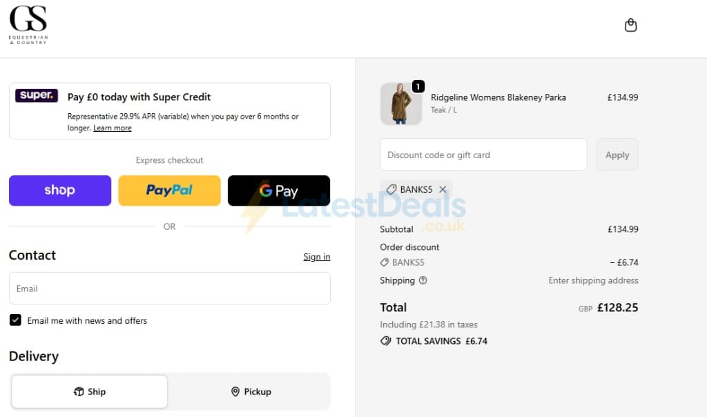 Screenshot of the GS Equestrian discount code working