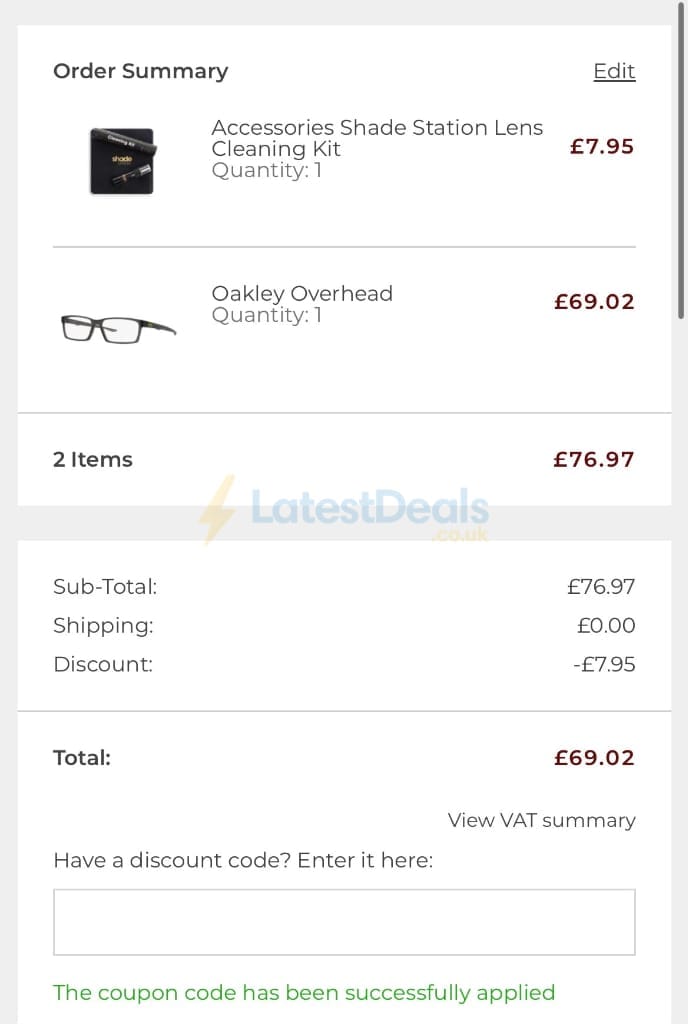 Screenshot of the Shade Station discount code working