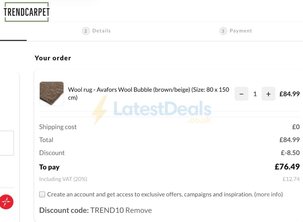 Screenshot of the Trendcarpet discount code working