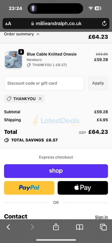 Screenshot of the Millie & Ralph discount code working
