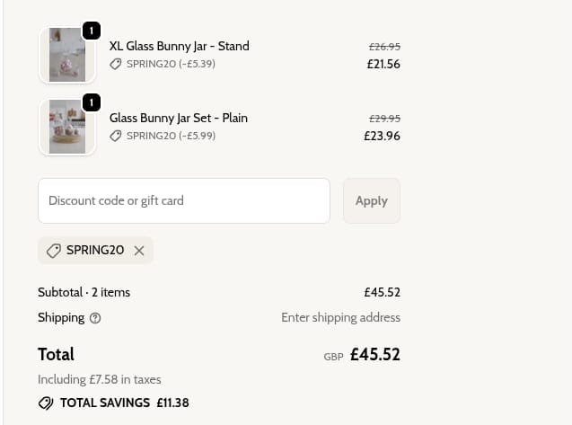 Screenshot of the Pretty Little Home discount code working