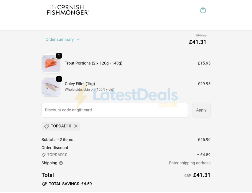 Screenshot of the The Cornish Fishmonger discount code working
