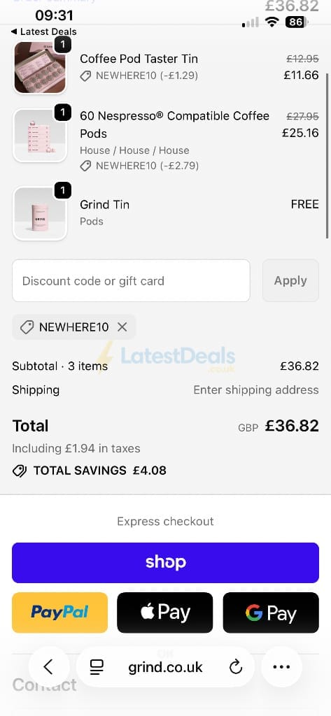 Screenshot of the Grind discount code working