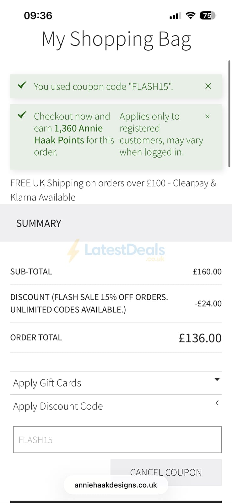 Screenshot of the Annie Haak Designs discount code working
