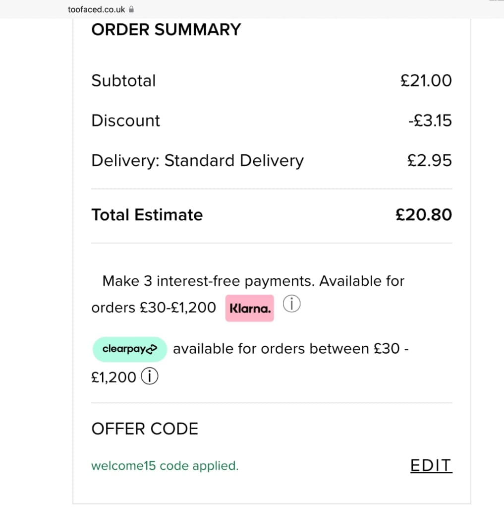 Screenshot of the Toofaced discount code working