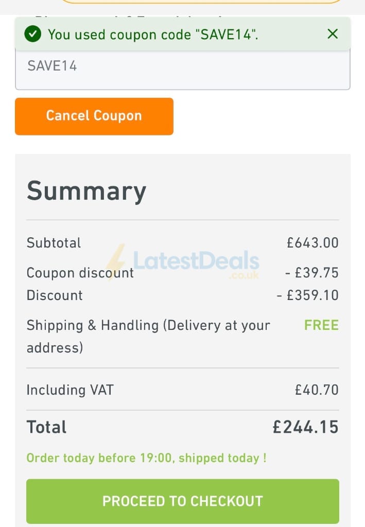 Screenshot of the Lampandlight discount code working