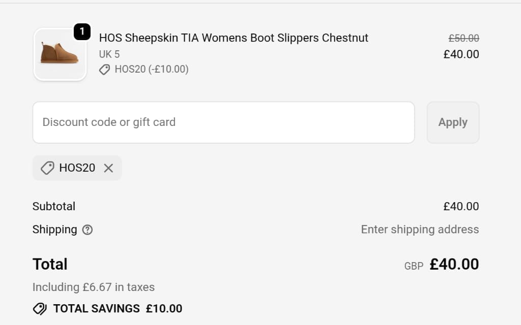 Screenshot of the House of Slippers discount code working